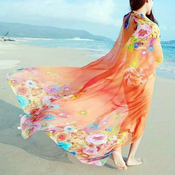 Oversized Thin Breathable Chiffon Scarf Boho Peacock Feather Print Shawl Bikini Cover Up Imitation Silk Head Wrap Summer Travel Beach Towel