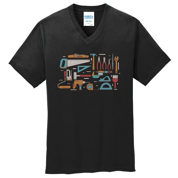 Oversized Tools Graphic Men's Core Cotton V-Neck T-Shirt - Jet Black 4XL