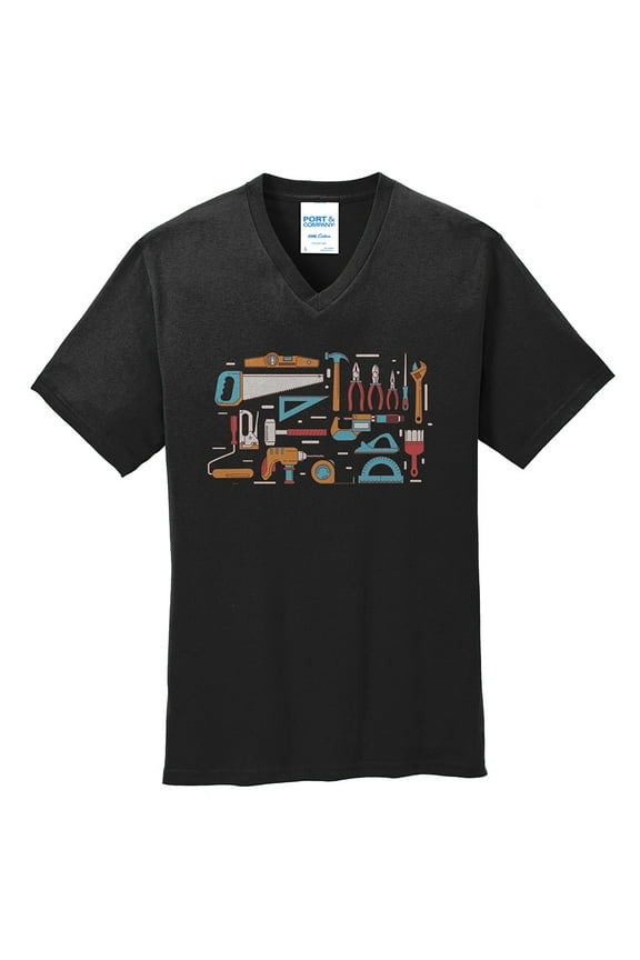 Oversized Tools Graphic Men's Core Cotton V-Neck T-Shirt - Jet Black XL