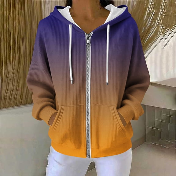 Oversized Tops for Women Dressy New Women's Fashion Casual Printing Long Sleeve Pocket Hooded Pit Strip Zippered Pocket Sweatshirt Hoodie Coat Style B-7 Orange XXL