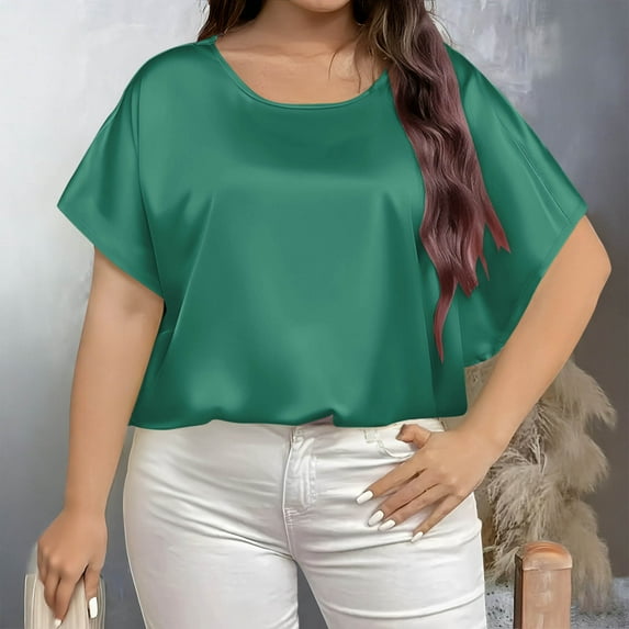 Oversized Tops for Women New Women's Plus Size Solid Color T-Shirt Home Casual Short Sleeved Round Neck Tops Style B-58 Green 5XL