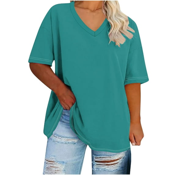 Diufon Oversized Tops for Women Summer V Neck Half Sleeve Plus Size Tees Casual Loose Cotton Tunic Tops