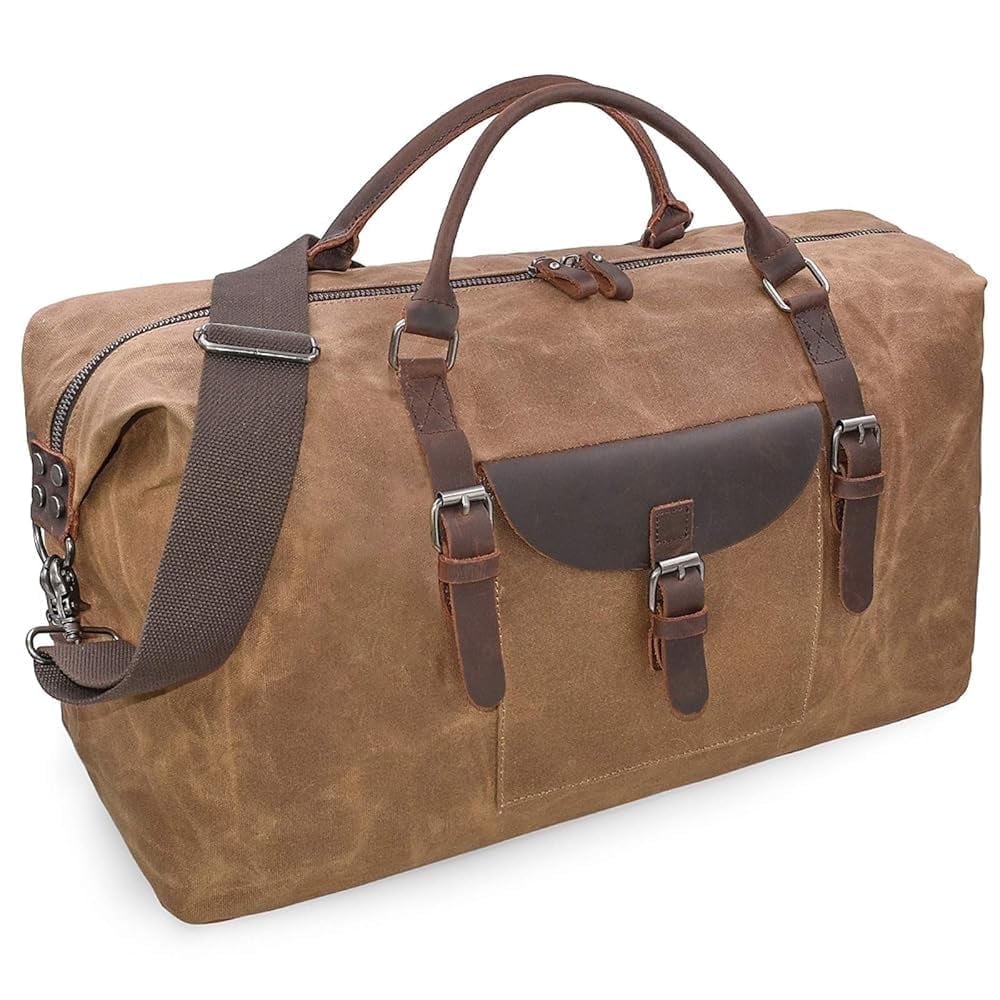 Oversized Travel Duffel Bag Waterproof Canvas Genuine Leather Weekend bag Weekender Overnight Carryon Hand Bag