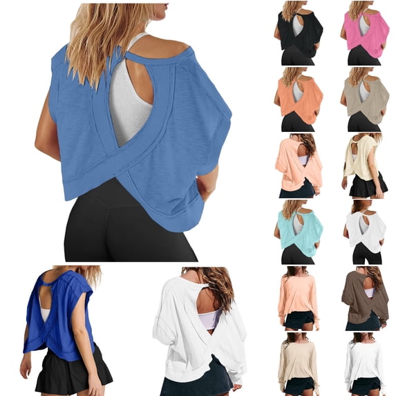 Oversized Tshirt Open Back Lightweight Short Sleeve Round Neck Top Workout Athletic Breathable Solid Color Women's Tops Tees Blouses