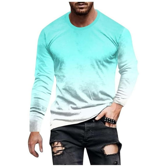 Oversized Tshirts Men Male Casual Gradual Color Small Print Cotton Round Neck Long Sleeve Mens T -Shirts Mint Green XL