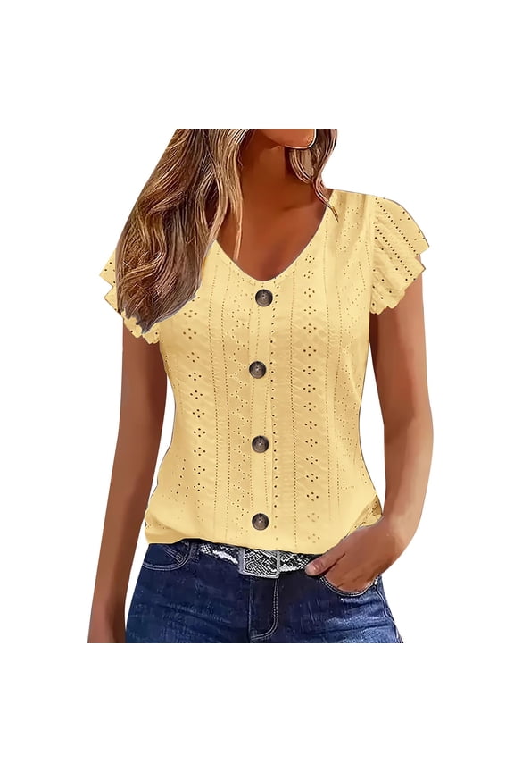 Oversized Tshirts Shirts for Women Eyelet Embroidery V Neck T Shirt Button Decor Short Sleeve Shirts Solid Color Summer Flowy Casual Blouse Short Sleeve Women's Tops, Tees & Blouses