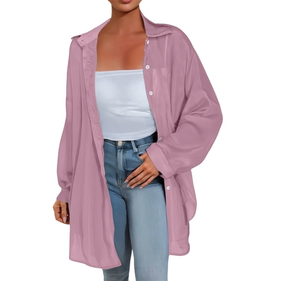 Oversized Tshirts Shirts for Women Transparent Anti Sunburn Shirt Long Sleeved Button Up Top Casual Loose Fitting Shirt for Summer Short Sleeve Women's Tops, Tees & Blouses