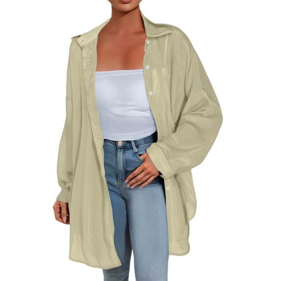 Oversized Tshirts Shirts for Women Transparent Anti Sunburn Shirt Long Sleeved Button Up Top Casual Loose Fitting Shirt for Summer Short Sleeve Women's Tops, Tees & Blouses