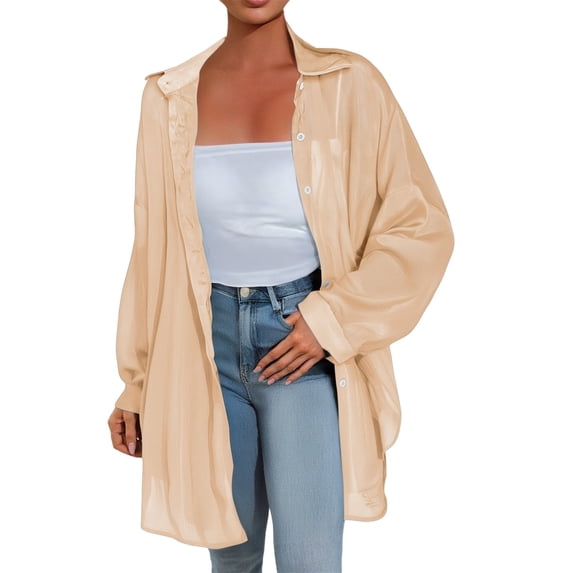 Oversized Tshirts Shirts for Women Transparent Anti Sunburn Shirt Long Sleeved Button Up Top Casual Loose Fitting Shirt for Summer Short Sleeve Women's Tops, Tees & Blouses