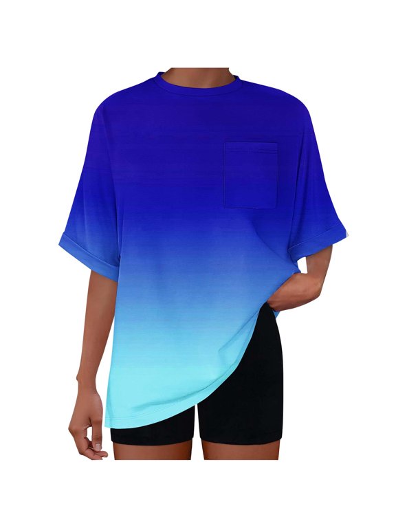 Oversized Tshirts T Shirts for Women Short Sleeve Gradient Color Summer Tops Chest Pocket Round Neck Loose Tees (S, Blue)