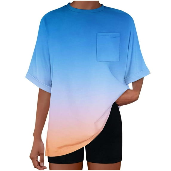 Oversized Tshirts T Shirts for Women Short Sleeve Gradient Color Summer Tops Chest Pocket Round Neck Loose Tees (S, Khaki)