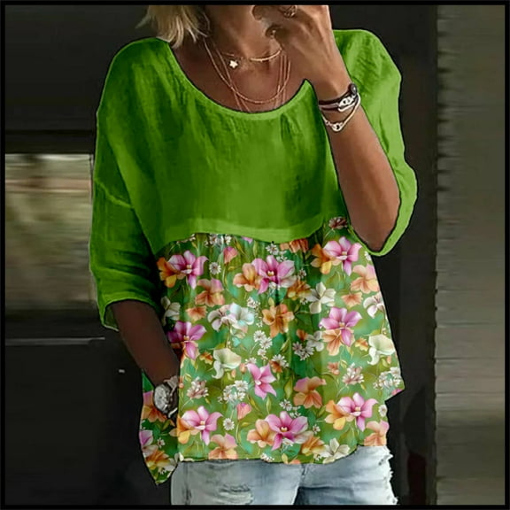 Oversized Tshirts Women, 2025 Trendy Floral Graphic Half 3/4 Sleeved Round Neck Loose Large Size, Green S-5XL