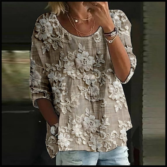 Oversized Tshirts Women, 2025 Trendy Floral Graphic Half 3/4 Sleeved Round Neck Loose Large Size, Yellow S-5XL