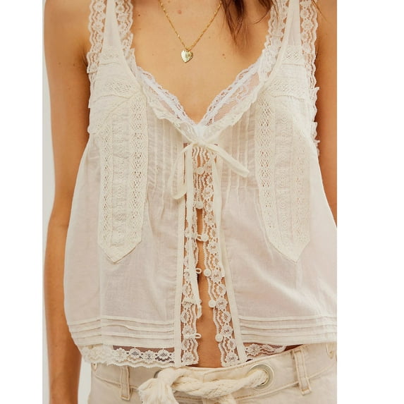 Oversized Tshirts For Women, Boho Casual Floral Sleeveless Sheer Lace Tie Front Embroidery Camisole Button Tank Top Womens Summer Black Undershirt Women 3/Tops Camisole (S, White) ZMTing