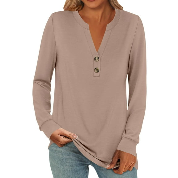 Oversized Tshirts for Women Fashion Casual Long Sleeve Button Solid Color Tops - Round Neck Print Cotton Blend Loose Fit Tshirts Shirts for Women Comfort Colors Tshirt