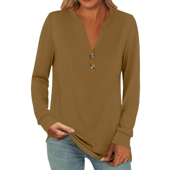 Oversized Tshirts for Women Fashion Casual Long Sleeve Button Solid Color Tops - Round Neck Print Cotton Blend Loose Fit Tshirts Shirts for Women Comfort Colors Tshirt