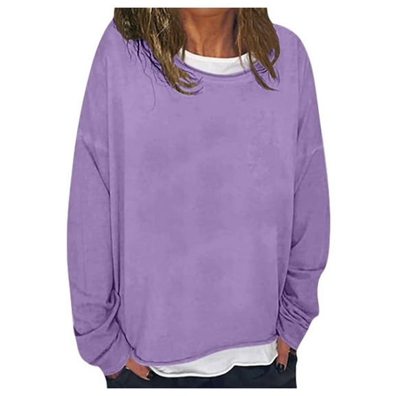 Oversized Tshirts for Women Graphic Fall Winter Loose Crewneck Long-sleeved Blouson Drop Shoulder with Pocket Plain Leisure Cotton Tops T Shirt(Light Purple,XXL)