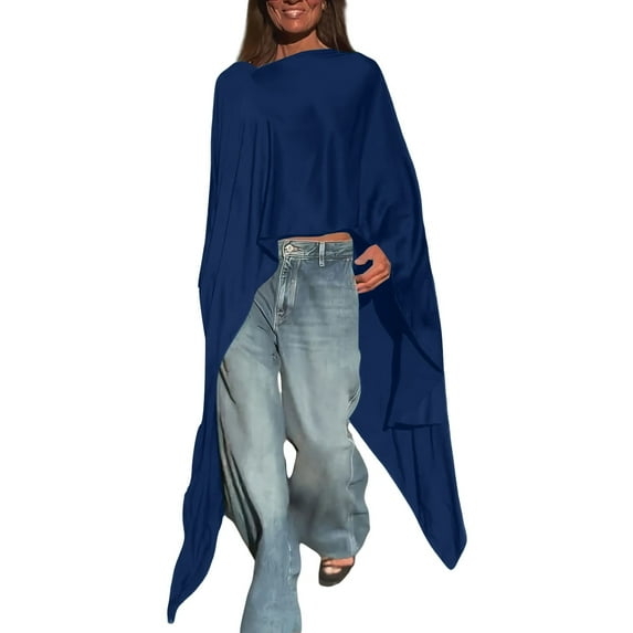 Oversized Tshirts for Women Loose Solid Batwing Chiffon Wrap Poncho Top - Long Sleeve Lightweight Satin Fabric Tunic Style Tshirts Shirts for Women Comfort Colors Tshirt
