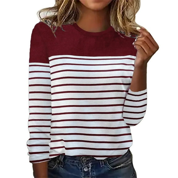 Oversized Tshirts for Women New Autumn Winter Long Sleeve Stripe Two-Color Printed Spliced Round Neck Top T-Shirt High-Quality Comfortable Polyester Tshirts Shirts for Women Comfort Colors Tshirt