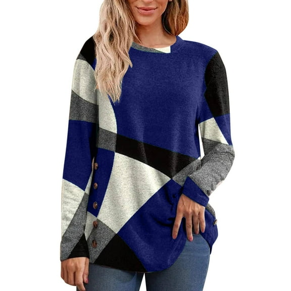 Oversized Tshirts for Women Patchwork Printed Round Neck Top - Loose Long Sleeve With Buttons Polyester Spandex Blend Tshirts Shirts for Women Comfort Colors Tshirt