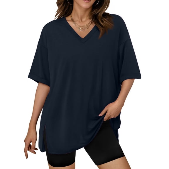 Oversized Tshirts For Women, Plus Size V Neck Short Sleeve Comfort Colors Workout Casual Cotton Loose Fit Graphic Tshirts Womens Tops Casual Workout Shirt Tube Tops Tank (M, Navy) ZMTing