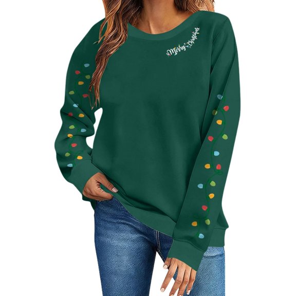 Oversized Tshirts for Women Round Neck Merry Christmas Printed Long Sleeved Top Sweatshirts Long Sleeve Shirts Spring Clothes Casual Tshirts Basic Tee