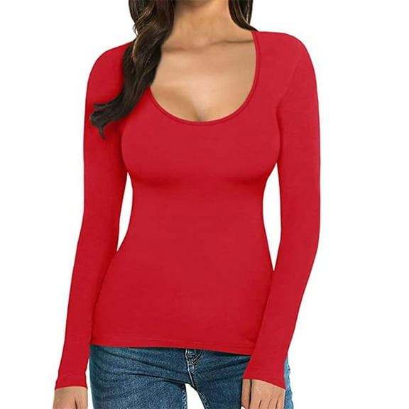 Oversized Tshirts for Women Solid Color Low U-Neck Long Sleeve Top - Slim Fit Soft Nylon Spandex Stretch Fabric Tshirts Shirts for Women Comfort Colors Tshirt