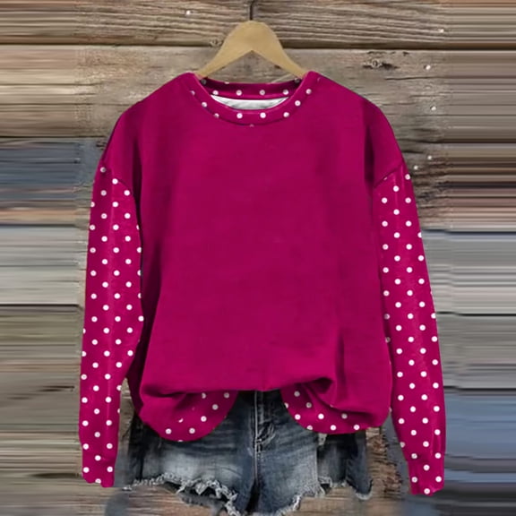 Oversized Tshirts for Women Trendy Crew Neck Long Sleeve Loose Summer Tops Evening Loose Fit Polka Dots Casual Tunic Blouses Blouses for Women Dressy Casual