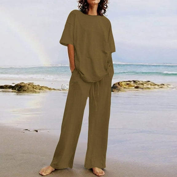 Oversized Tshirts for Women Womens Jumpsuits 2025 Casual Summer Dressy Romper Sleeveless Wide Leg Long Pants Outfits Fashion Travel Clothes Khaki 3XL
