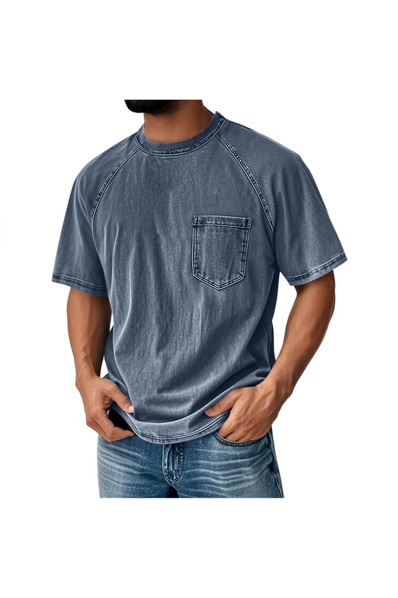 Oversized Tshirts for Men Acid Wash T-Shirts Vintage Heavyweight Shirt Cotton Tees with Pocket Big and Tall Size S-5XL Navy