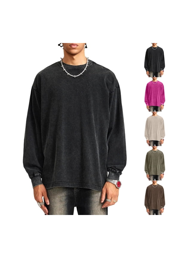 Oversized Tshirts for Men Dressy Casual Acid Wash Long Sleeve Workout Shirts Retro Lightweight Crew Neck Sweat Shirts Black 3XL