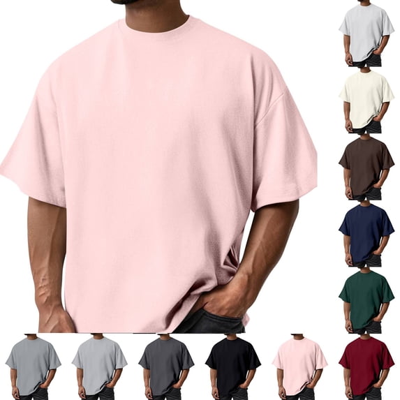 Oversized Tshirts for Men Fashion Workout Short Sleeve T-Shirt Dry Fit Lightweight Crewneck Tee Tops Pink M