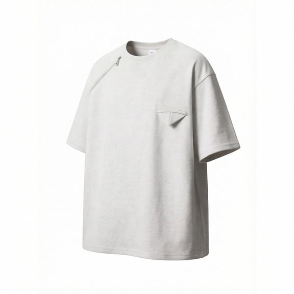 Oversized Tshirts for Men Short Sleeve Vintage Washed Basic Loose Tees with Zipper Pocket Big and Tall Size M-3XL Gray