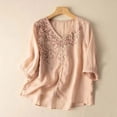 thumbnail image 1 of Oversized Tshirts for Women, 3/4 Sleeve Linen Lace Embroidery Tunic Chiffon Blouse Summer Lightweight Top, Pink XL, 1 of 3