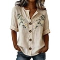 thumbnail image 1 of Oversized Tshirts for Women 3/4 Sleeve Top Print Blouse V Neck Button Down Short Sleeve Casual Loose Fit Beige Summer Tops for Women, 1 of 4