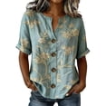 thumbnail image 1 of Oversized Tshirts for Women 3/4 Sleeve Top Print Blouse V Neck Button Down Short Sleeve Casual Loose Fit Green Summer Tops for Women, 1 of 6
