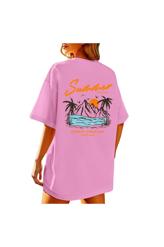 Oversized Tshirts for Women California Beach Graphic Short Sleeve Tees Summer Baggy Loose Fit Basic Vacation Tops