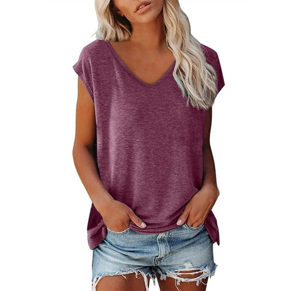 Oversized Tshirts for Women Cap Short Sleeve Summer Casual V Neck Solid Color Casual Loose Fit Red Tank Tops Sizes S