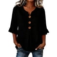 thumbnail image 1 of Oversized Tshirts for Women Casual Cotton Linen Blouse V Neck 3/4 Sleeve Button Decor Loose Fit Black Summer Tops for Women, 1 of 9