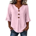 thumbnail image 1 of Oversized Tshirts for Women Casual Cotton Linen Blouse V Neck 3/4 Sleeve Button Decor Loose Fit Pink Summer Tops for Women, 1 of 9