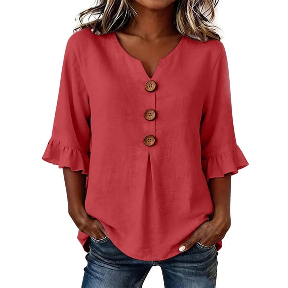 Oversized Tshirts for Women Casual Cotton Linen Blouse V Neck 3/4 Sleeve Button Decor Loose Fit Red Summer Tops for Women