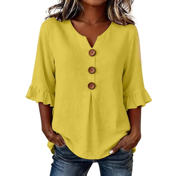 Oversized Tshirts for Women Casual Cotton Linen Blouse V Neck 3/4 Sleeve Button Decor Loose Fit Yellow Summer Tops for Women