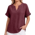 thumbnail image 1 of Oversized Tshirts for Women Casual Linen Cotton V Neck Short Sleeve Tops Loose Comfy Red Summer Tops for Women, 1 of 9