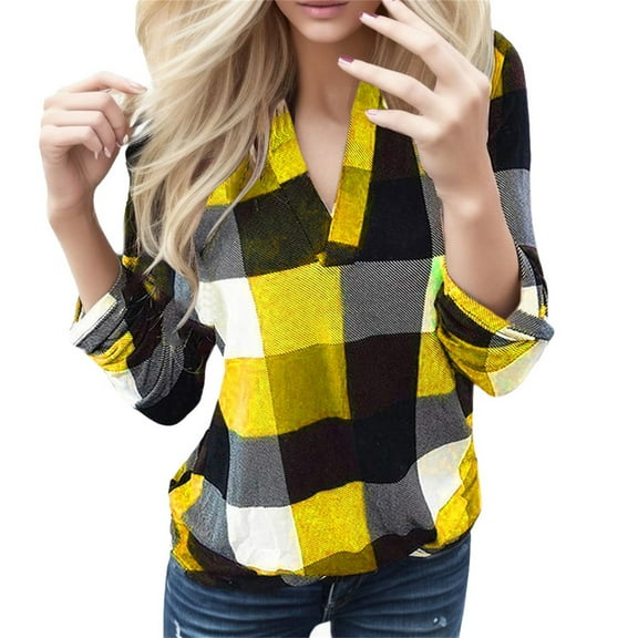 Oversized Tshirts for Women Casual Long Sleeve Plaid Shirt Slim Jacke Women's Tops Gold S