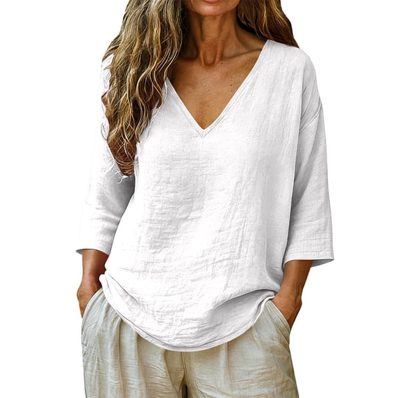 Oversized Tshirts for Women Casual V Neck 3/4 Sleeve Linen Blouse Loose Fit Solid Color White Summer Tops for Women