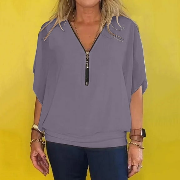 Oversized Tshirts for Women, Chiffon Zipper Neck Bat Sleeve Loose Casual Top, Gray M