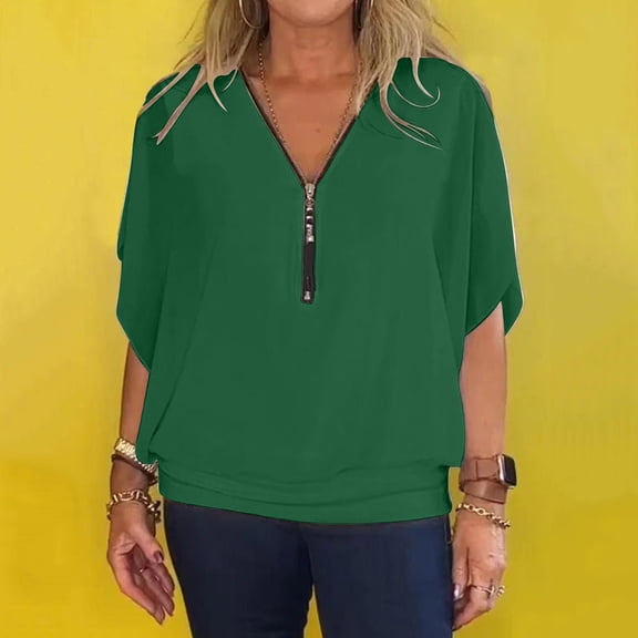 Oversized Tshirts for Women, Chiffon Zipper Neck Bat Sleeve Loose Casual Top, Green L
