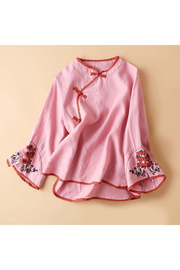 Oversized Tshirts for Women, Chinese Traditional Embroidery Cotton Linen Bell Sleeve Cheongsam, Pink 4XL