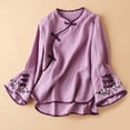 thumbnail image 1 of Oversized Tshirts for Women, Chinese Traditional Embroidery Cotton Linen Bell Sleeve Cheongsam, Purple L, 1 of 6