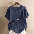 thumbnail image 1 of Oversized Tshirts for Women, Cotton Linen Boho Floral Short Sleeve Oversized Blouse, Blue S, 1 of 4